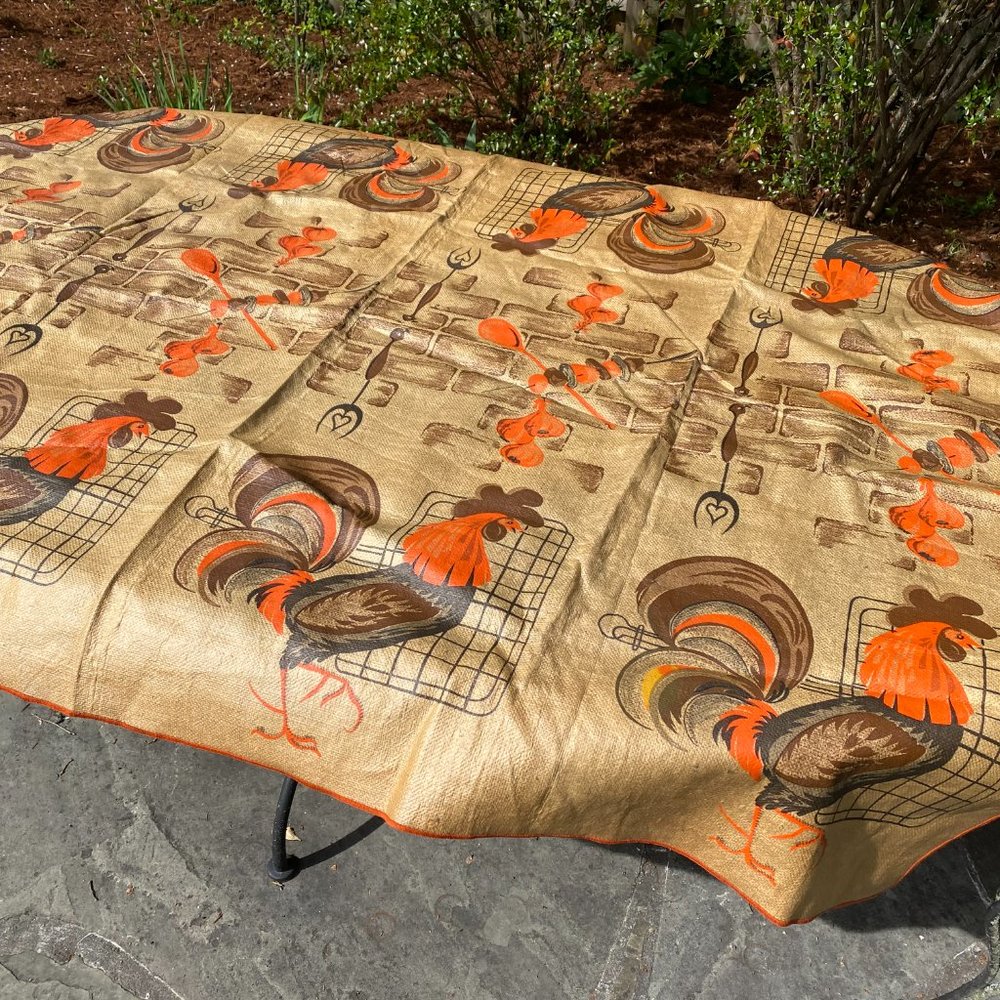 Vintage Roosters Burlap Oilcloth Tablecloth approx 66 x 48 " rectangle chickens